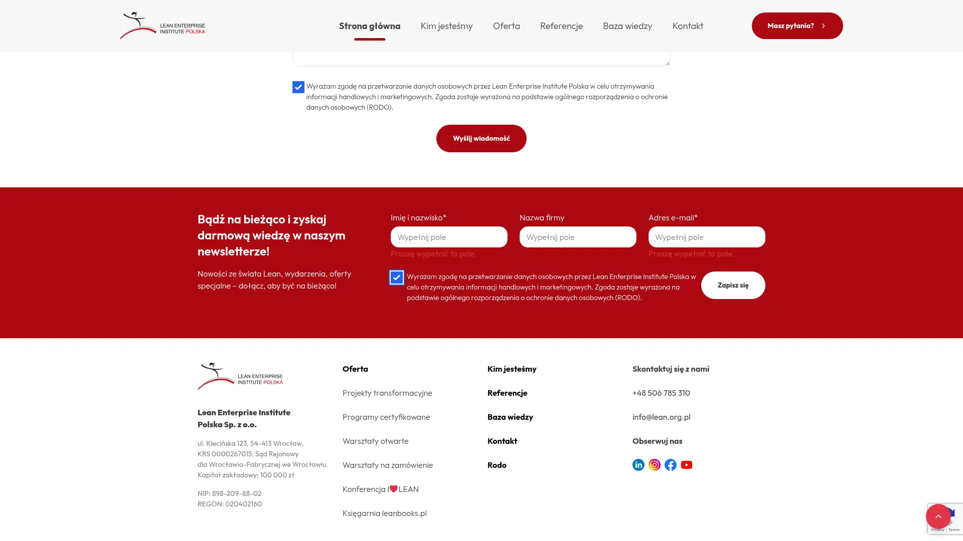 Zrzut ekranu strony Lean Enterprise Institute Polska sp. z o.o.