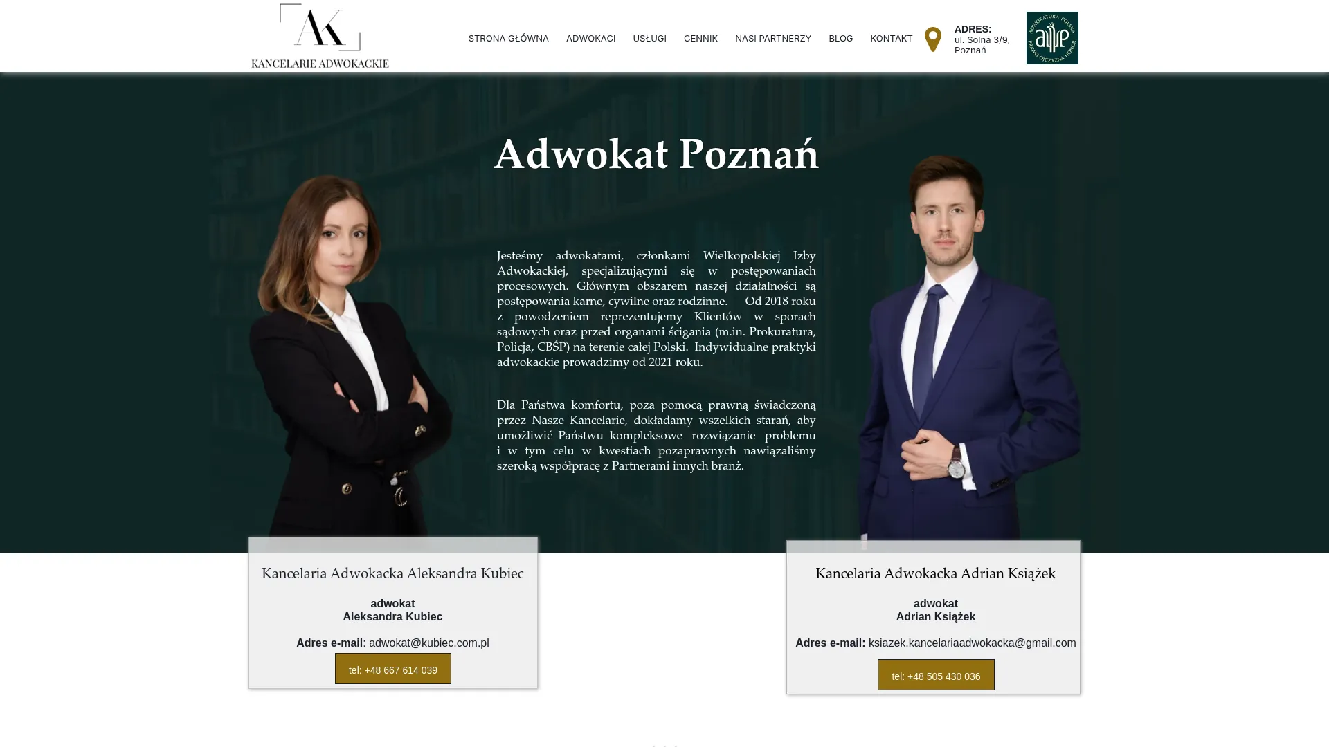 Zrzut ekranu strony Kancelaria Adwokacka Aleksandra Kubiec